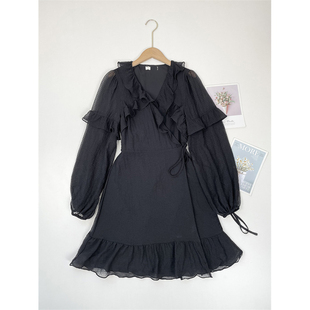 G1皱褶裹身裙~简约时尚V领木耳边高腰长袖收腰气质一片式连衣裙女