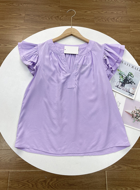 G5柔软肤感紫色~外单25夏新款女短袖套头V领双层小飞袖减龄上衣