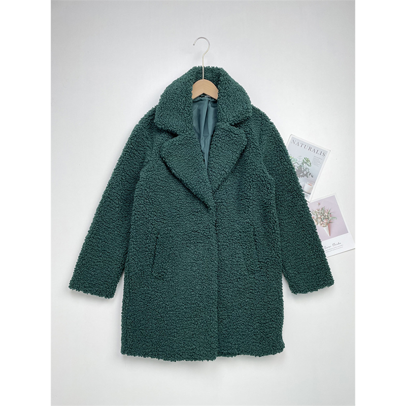B2泰迪绒羊羔毛外套25冬季新款翻领长袖中长外套大衣宽松女墨绿色
