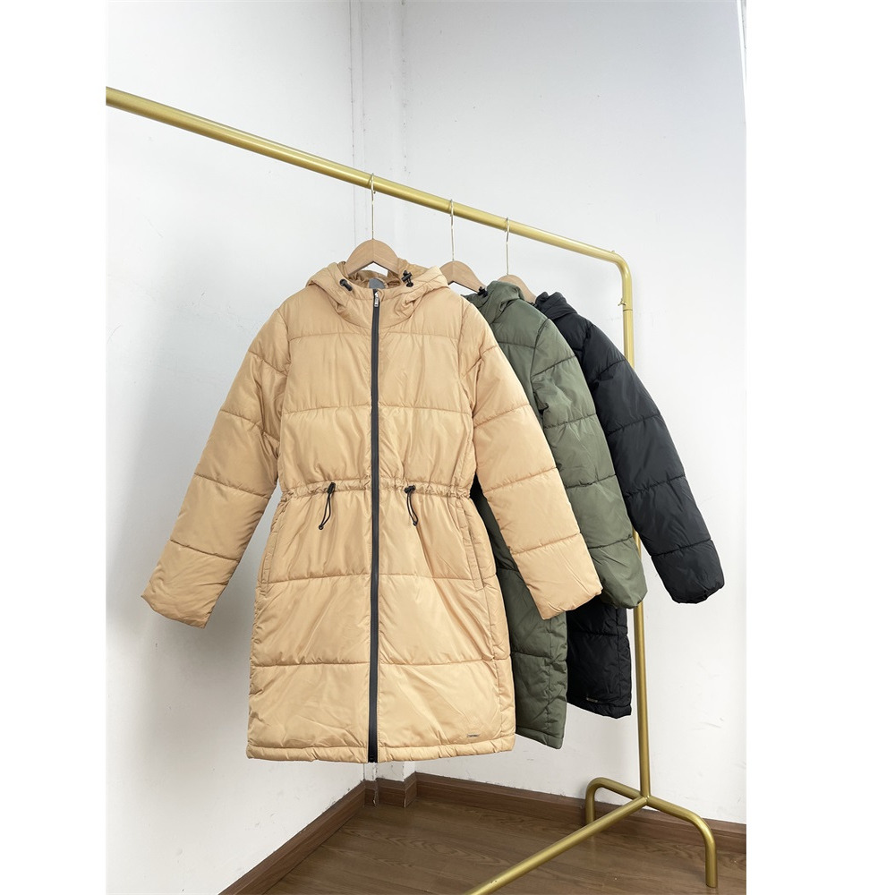 外单出口单~25冬新款简约连帽中长款棉服女收腰防风保暖厚实外套