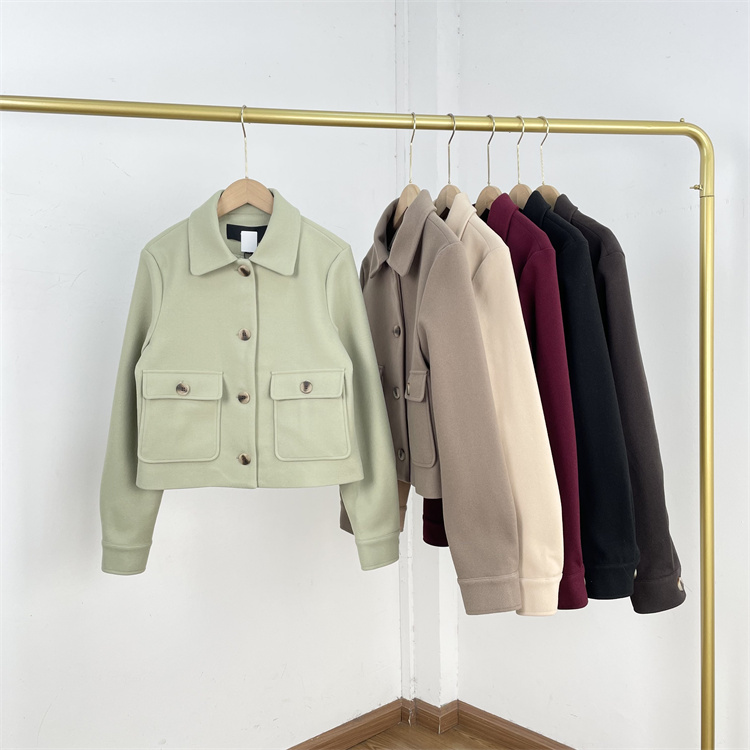 E6出口北欧25冬新款女短款毛呢翻领长袖短外套多色夹克上衣小个子