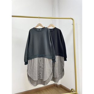 卫衣 休闲连衣裙长款 J5假两件日单梭织针织布拼接宽松款 女士圆领