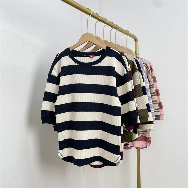 F2仅有S码 中袖条纹华夫格款！外单纯元休闲圆领套头简约经典