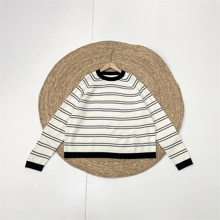 F1简约经典黑白条纹意大利单25冬圆领长袖100%羊毛套头保暖打底衫