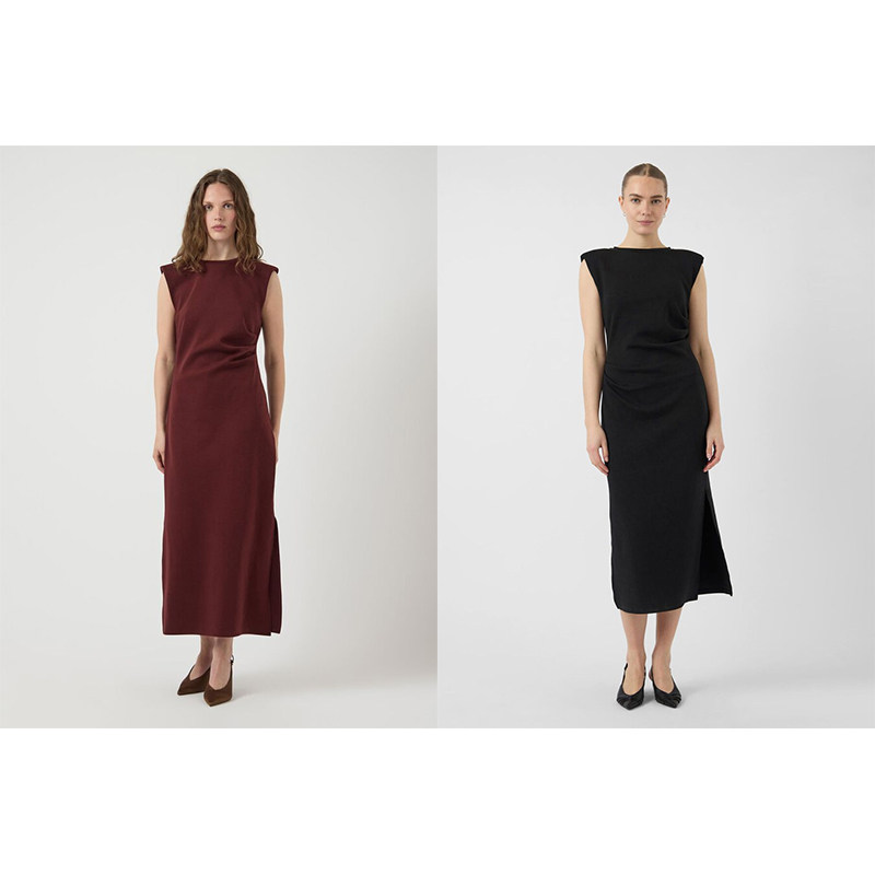 G5极简主义北欧外单26夏新款女圆领无袖皱褶设计感开叉长款连衣裙