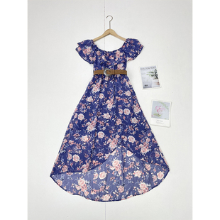 女一字肩收腰开叉圆弧裙摆连衣裙 2025夏新款 P2复古繁花 外单纯元