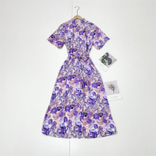 收腰连衣裙 衬衫 Y2复古紫色花色 外单25夏新文艺复古线条翻领短袖