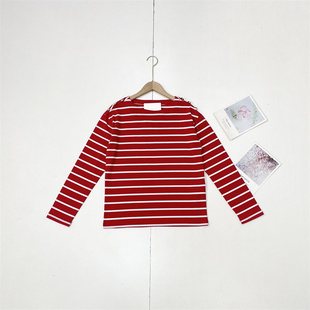 饰 条纹宽松清爽棉质T恤衫 外单纯元 圆领长袖 26春新款 X2肩部纽扣装