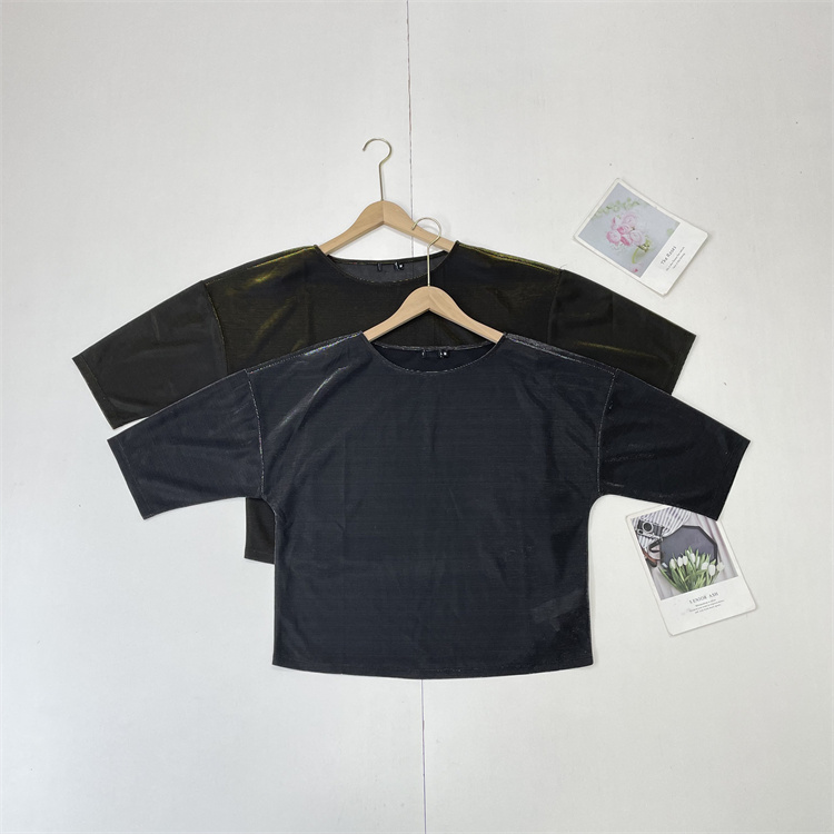 G6时尚金属光泽~外单25夏新圆领落肩复古半袖短袖上衣女休闲两色