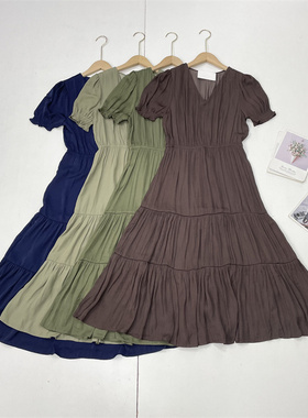 C4气质海岛丝~英单外贸纯元高腰显瘦V领泡泡袖宽松A字连衣裙凉快