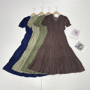 C4气质海岛丝~英单外贸纯元高腰显瘦V领泡泡袖宽松A字连衣裙凉快