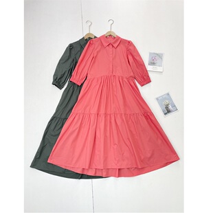 E4纯棉西班牙单26春夏新款女翻领半门襟中袖连衣裙蛋糕裙法式减龄