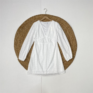 纯棉 法式 外单纯元 V领镂空刺绣中长款 连衣裙 25秋女灯笼袖 P仅40码