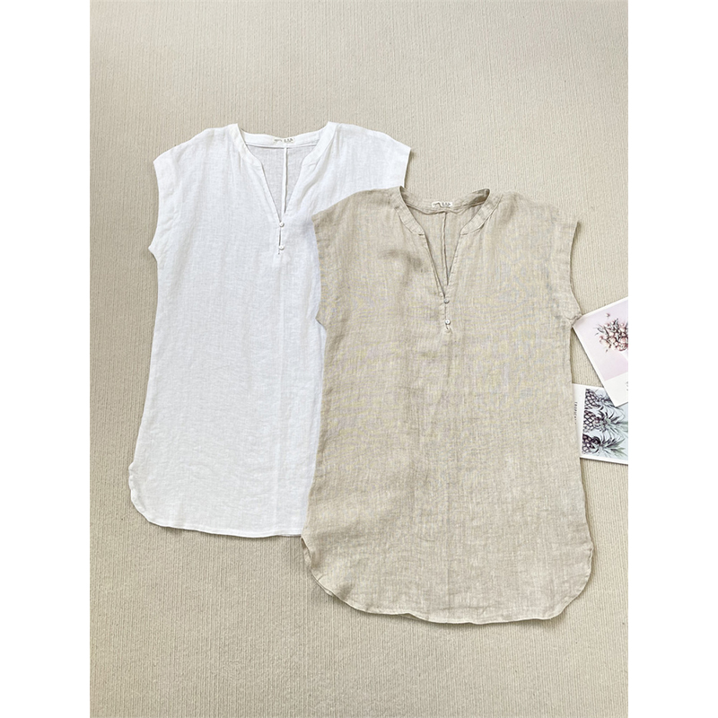 O+ 亚麻~外单2023夏季V领直筒H版型纯色简约休闲凉快透气连衣裙女