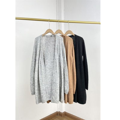 G6基础含羊毛法国外贸长袖V领开衫中长款蓬松毛衣慵懒风披肩外套