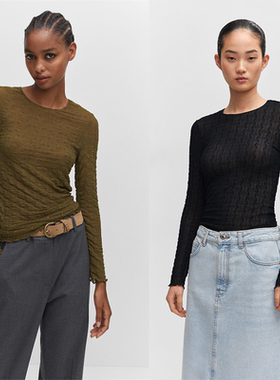 F2仅XS波浪纹提花外单25秋款打底衫圆领薄款长袖软糯内搭神器上衣