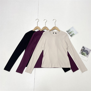 M3柔软肤感~外单纯元25秋新款女士圆领罗纹长袖T恤衫百搭休闲上衣