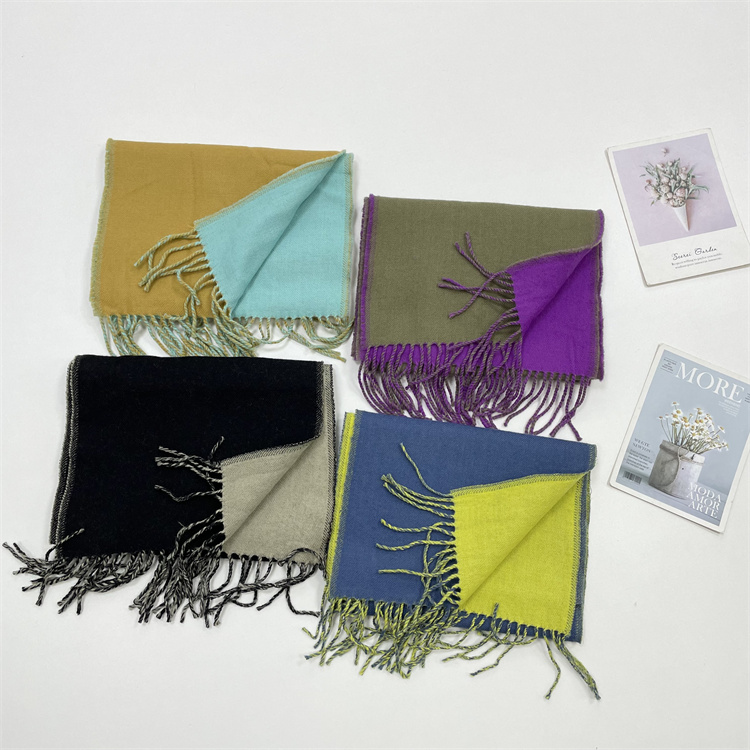 A1日单~纯羊毛拼色款围巾女冬季双面保暖围脖加厚羊毛披肩 女