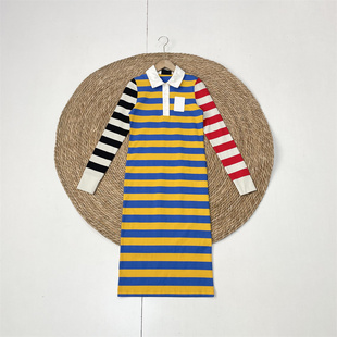 女士长袖 休闲polo领条纹连衣裙 外单美单2026春新款 X1大牌学院风