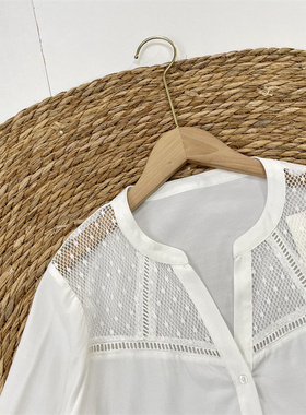 A1特惠清仓仅S码特惠外单女白色V领套头衬衫长袖设计感蕾丝拼经典