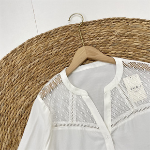 设计感蕾丝拼经典 长袖 特惠外单女白色V领套头衬衫 A1特惠清仓仅S码