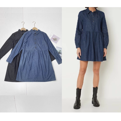 C6美国大牌！减龄款25秋新款外单文艺牛仔衬衫长袖中长款连衣裙女