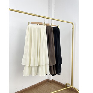 J2日单外单 休闲裙 26夏通勤风压褶百褶半身裙女高腰显瘦A字中长款