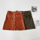 女半身裙半裙小A裙复古单排扣裙 外单灯芯绒外单纯元 J2断码 特惠