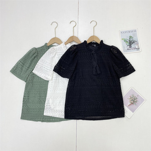 衬衫 女士V领系带泡泡袖 套头上衣 北欧外单25年新款 H5蕾丝镂空系列