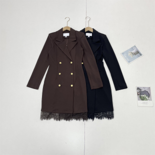 双排扣中长款 D2蕾丝拼接通勤风外贸纯元 领长袖 西装 连衣裙女 26春款