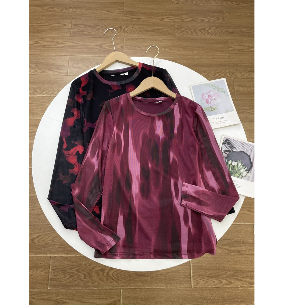 N1复古晕染 外单纯元26春新款女打底衫圆领长袖网纱软糯内搭外穿