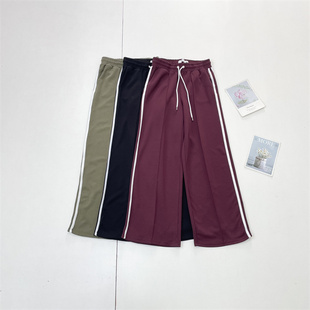 I5莫代尔侧边条纹~外单26春女柔软空气层松紧腰宽松休闲拼条长裤