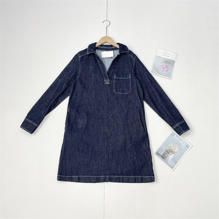 G6外单纯元~复古牛仔连衣裙25秋新款长袖Ｖ领经典简约气质中长裙