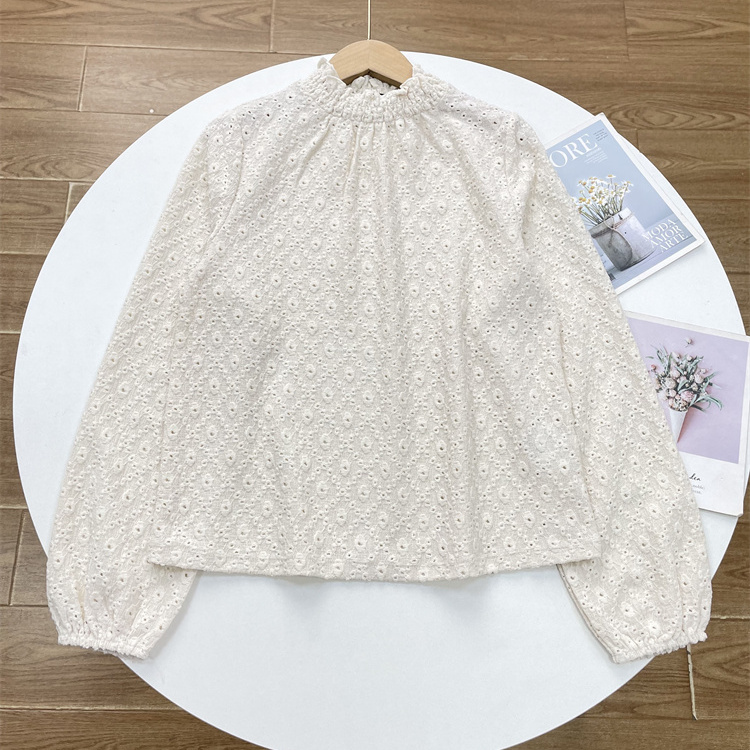 M2小立领提花镂空设计出口外单26春新款女士长袖衬衫法式套头上衣