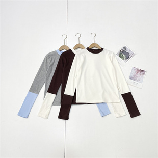 圆领罗纹打底衫 女撞色长袖 日单外单26春新款 E5磨毛柔软极简实用款
