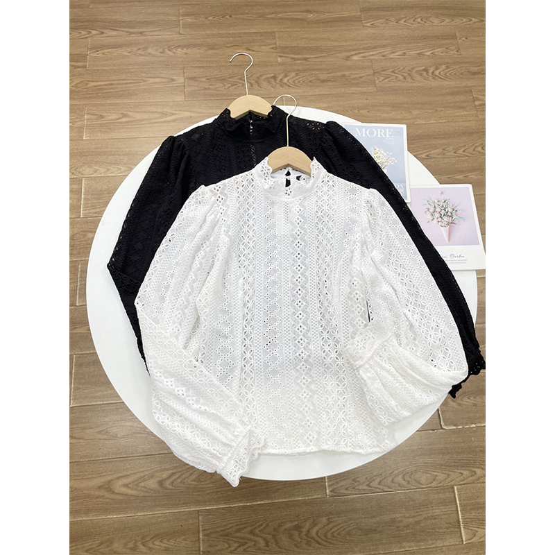 A1出口单宫廷风全绉纱刺绣镂空25秋新款长袖法式甜美立领套头衬衫