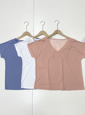 D3凉感莫代尔~外单纯元V领坎肩T恤25年夏新款女超值拼接蕾丝短袖