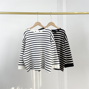 八分袖 A1百搭条纹外单纯元 圆领简约经典 法式 套头上衣柔软 25冬新款