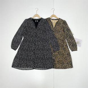 C5外单纯元~V领单排扣满印花色雪纺女士衬衫裙长袖连衣裙25秋新款