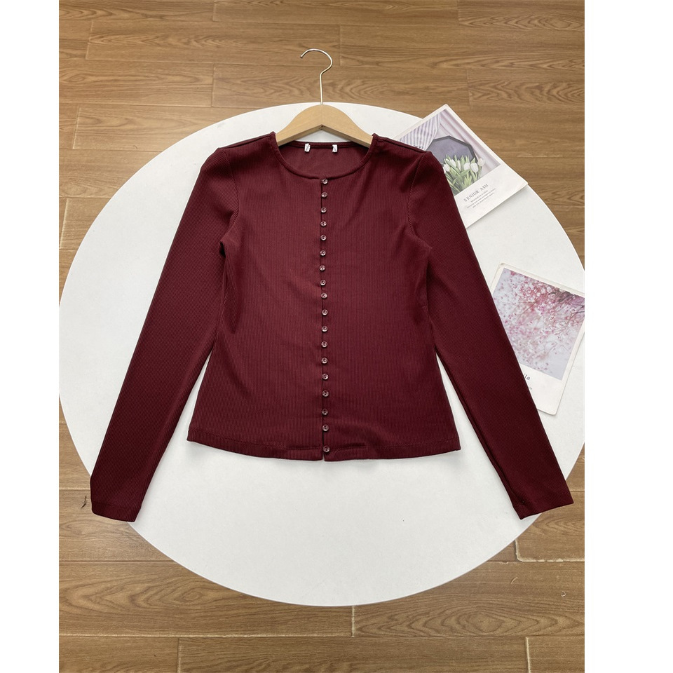 J1温柔罗纹针织26春新款女圆领长袖直筒T恤法式基础纯色打底上衣