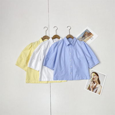 N1瑞典单100%棉26夏新款女士翻领时尚五分袖宽松显瘦开衫衬衫上衣