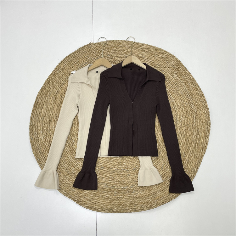 X3法式喇叭袖设计外单26春新款长袖大翻领毛线衣修身保暖打底开衫