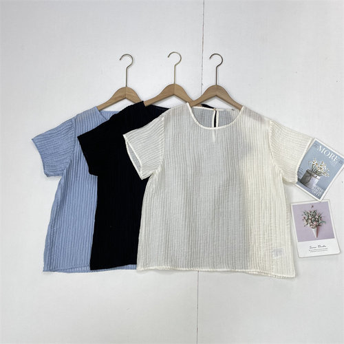 I2特色肌理感~外单2025年夏季套头短袖圆领纯色百褶衬衫别致新款