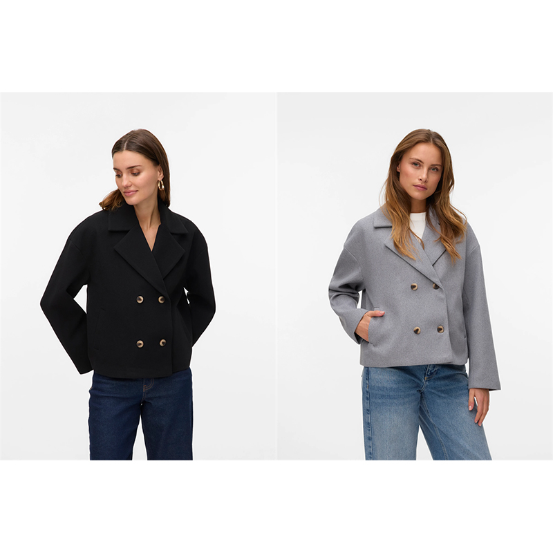 I4出口北欧冬新款女短款毛呢大翻领长袖短外套纯色夹克上衣小个子