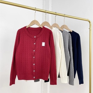 麻花毛线衣自留款 早秋长袖 国内单氛围感圆领女开扣开衫 H3打马球