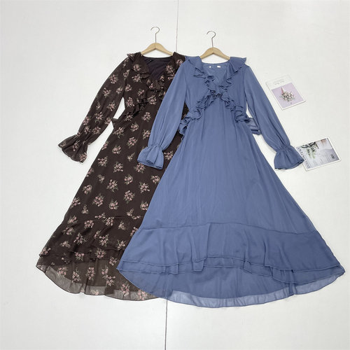 I1俄罗斯单外单26夏新款V领木耳边长袖长款法式绝美大裙摆连衣裙