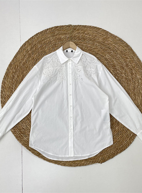 F6重工款~镂空绣花领口25年秋女长袖法式经典休闲翻领衬衫女白色
