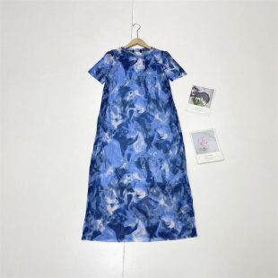 优雅两件装 复古晕染印花26夏圆领短袖 连衣裙 外单时尚 C3百褶线条