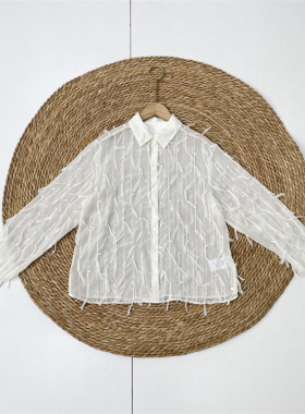 F4若隐若现的透视感！外单纯元25秋新款女士长袖绉纱流苏提花衬衫