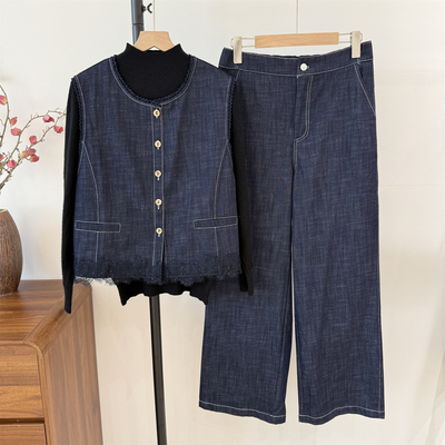 中老年女春秋牛仔马甲上衣两件套